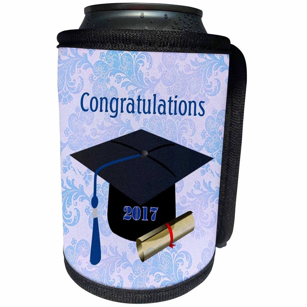 3dRose Florene Graduation - Image of Congratulations 2017 Black Cap blue Tassel And Diploma - Can Cooler Bottle Wrap (cc_252042)