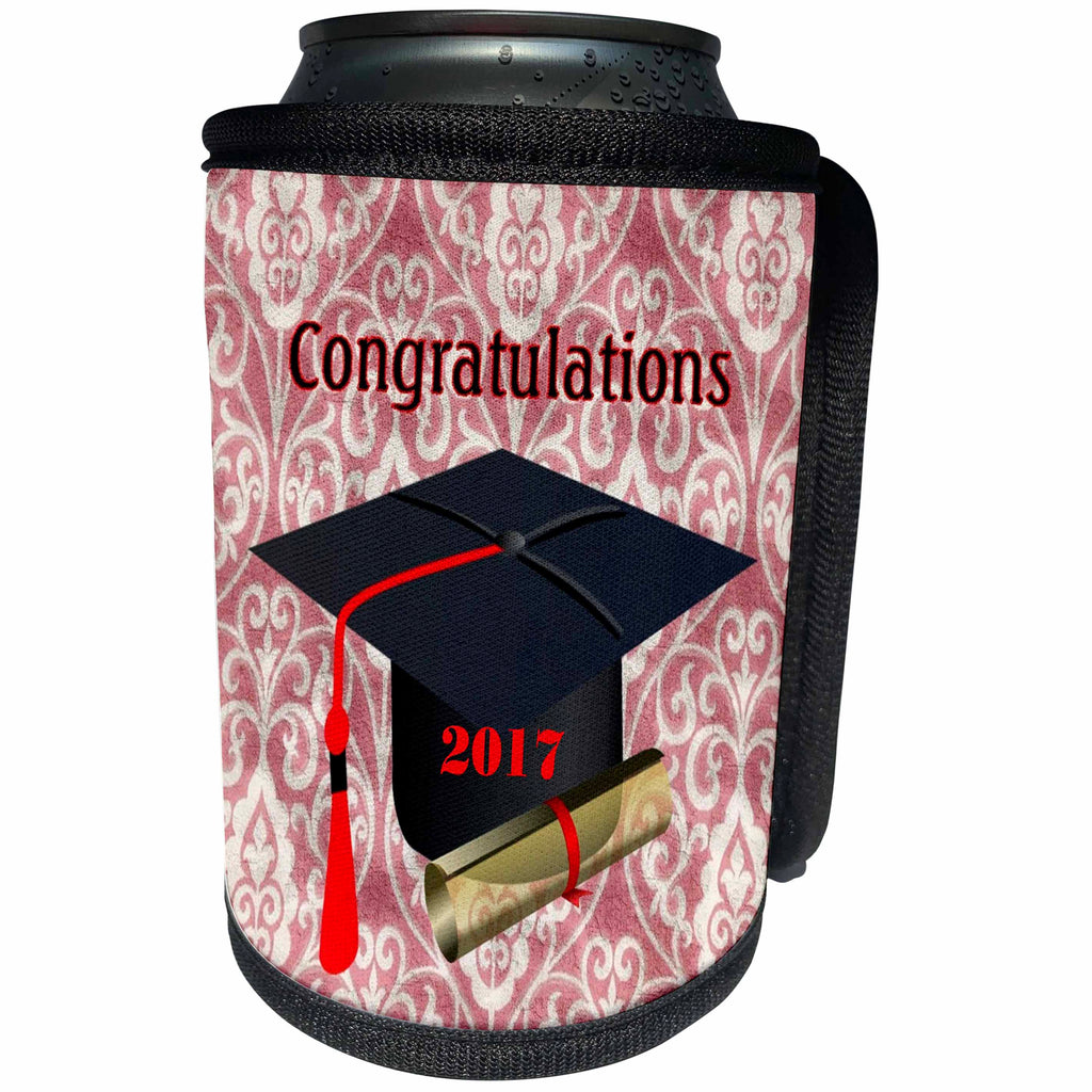 3dRose Florene Graduation - Image of Congratulations 2017 With Black Cap Red Tassel And Diploma - Can Cooler Bottle Wrap (cc_252045)