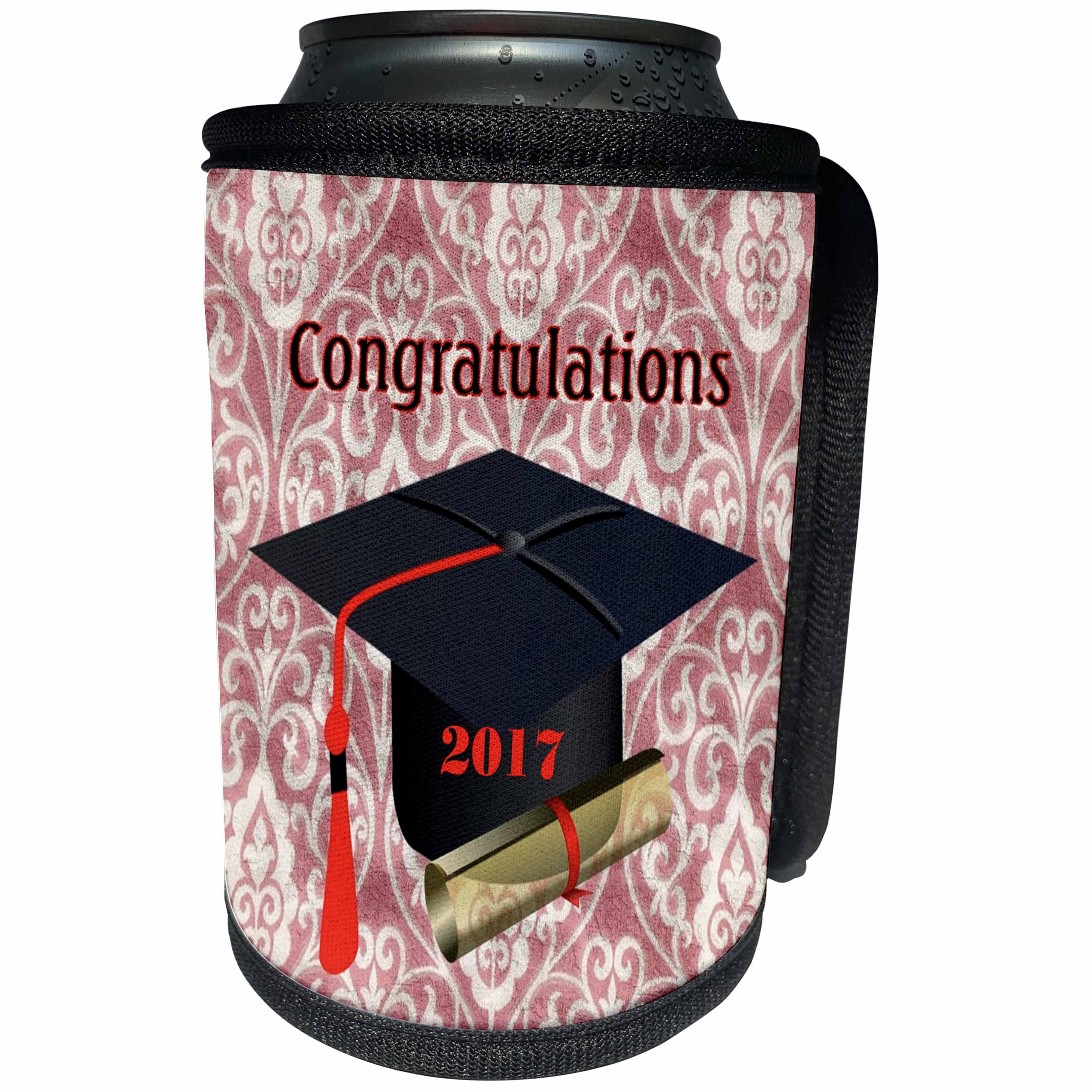 3dRose Florene Graduation - Image of Congratulations 2017 With Black Cap Red Tassel And Diploma - Can Cooler Bottle Wrap (cc_252045)