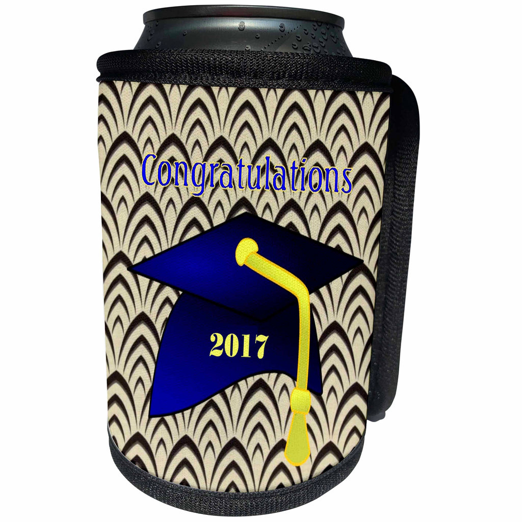 3dRose Florene Graduation - Image of Congratulations 2017 Blue Cap Yellow Tassel On Art Deco - Can Cooler Bottle Wrap (cc_252046)