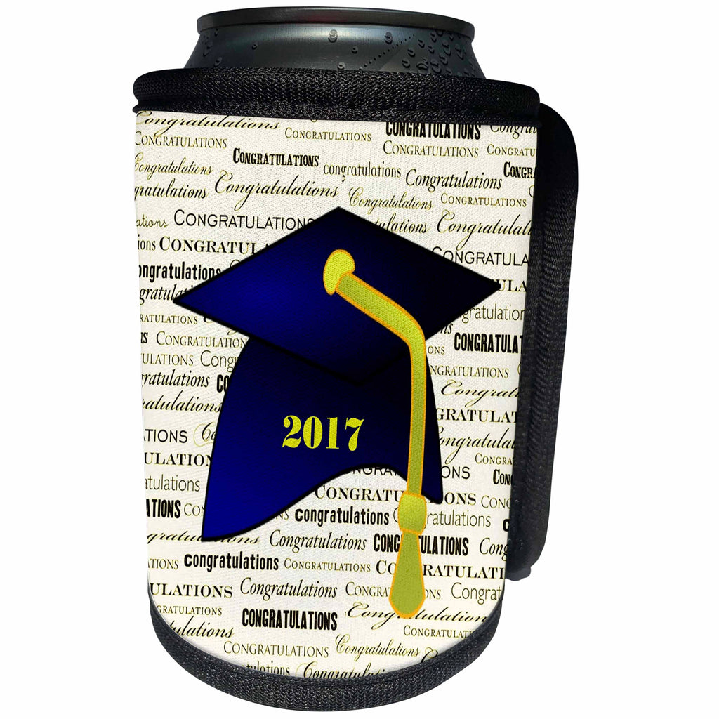 3dRose Florene Graduation - Image of Congratulations 2017 Blue Cap Yellow Tassel On Yellow - Can Cooler Bottle Wrap (cc_252047)