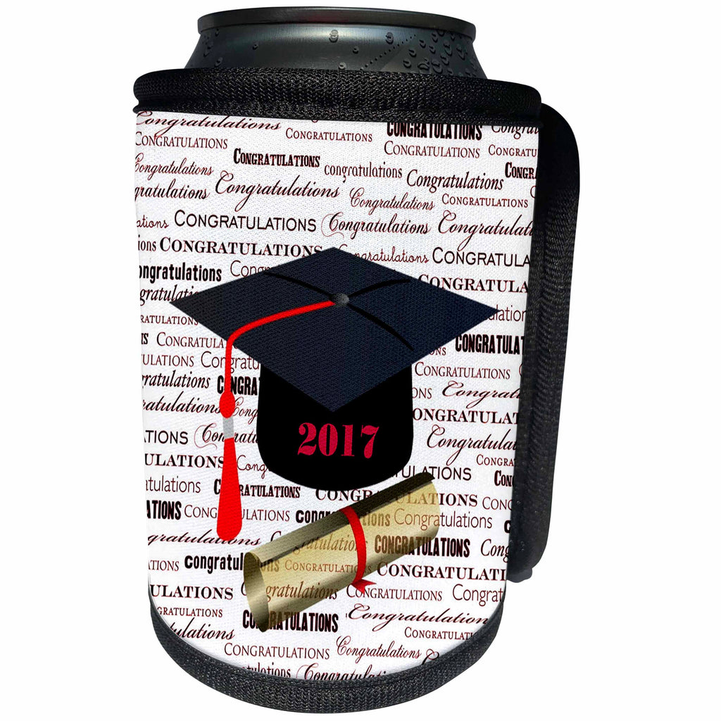 3dRose Florene Graduation - Image of Congratulations 2017 Black Cap Red Tassel With Diploma - Can Cooler Bottle Wrap (cc_252049)