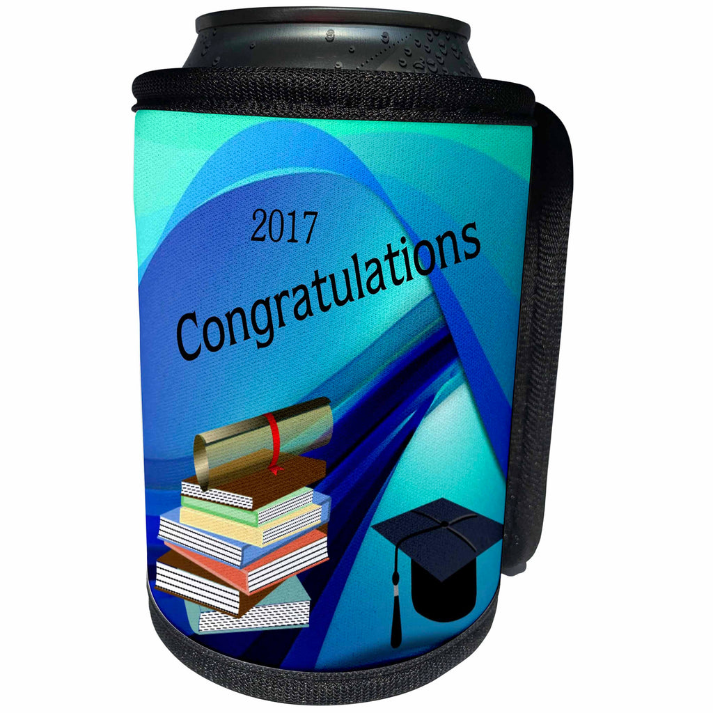 3dRose Florene Graduation - Image of Congratulations 2017 Wavy Blue With Books Cap and Diploma - Can Cooler Bottle Wrap (cc_252056)