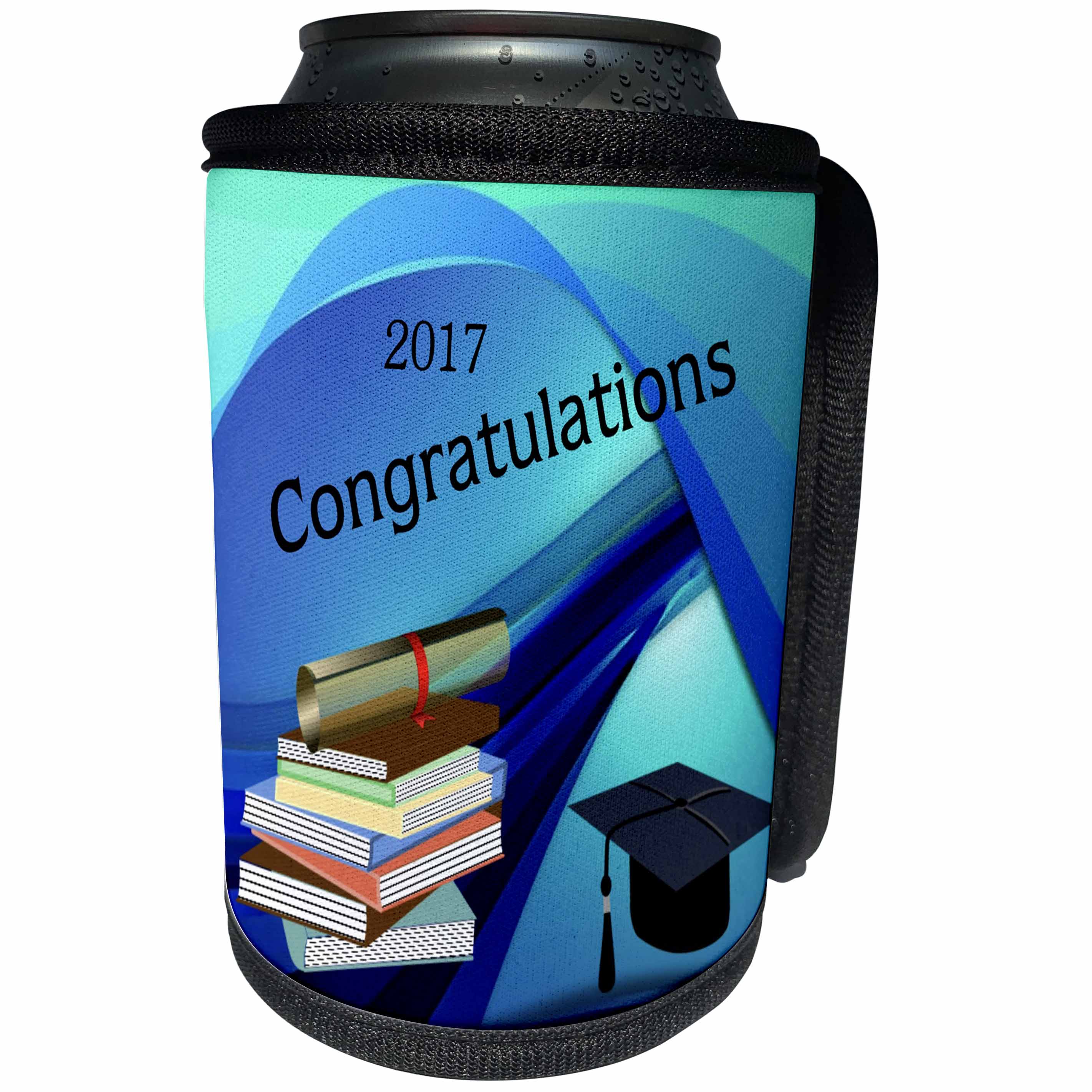 3dRose Florene Graduation - Image of Congratulations 2017 Wavy Blue With Books Cap and Diploma - Can Cooler Bottle Wrap (cc_252056)