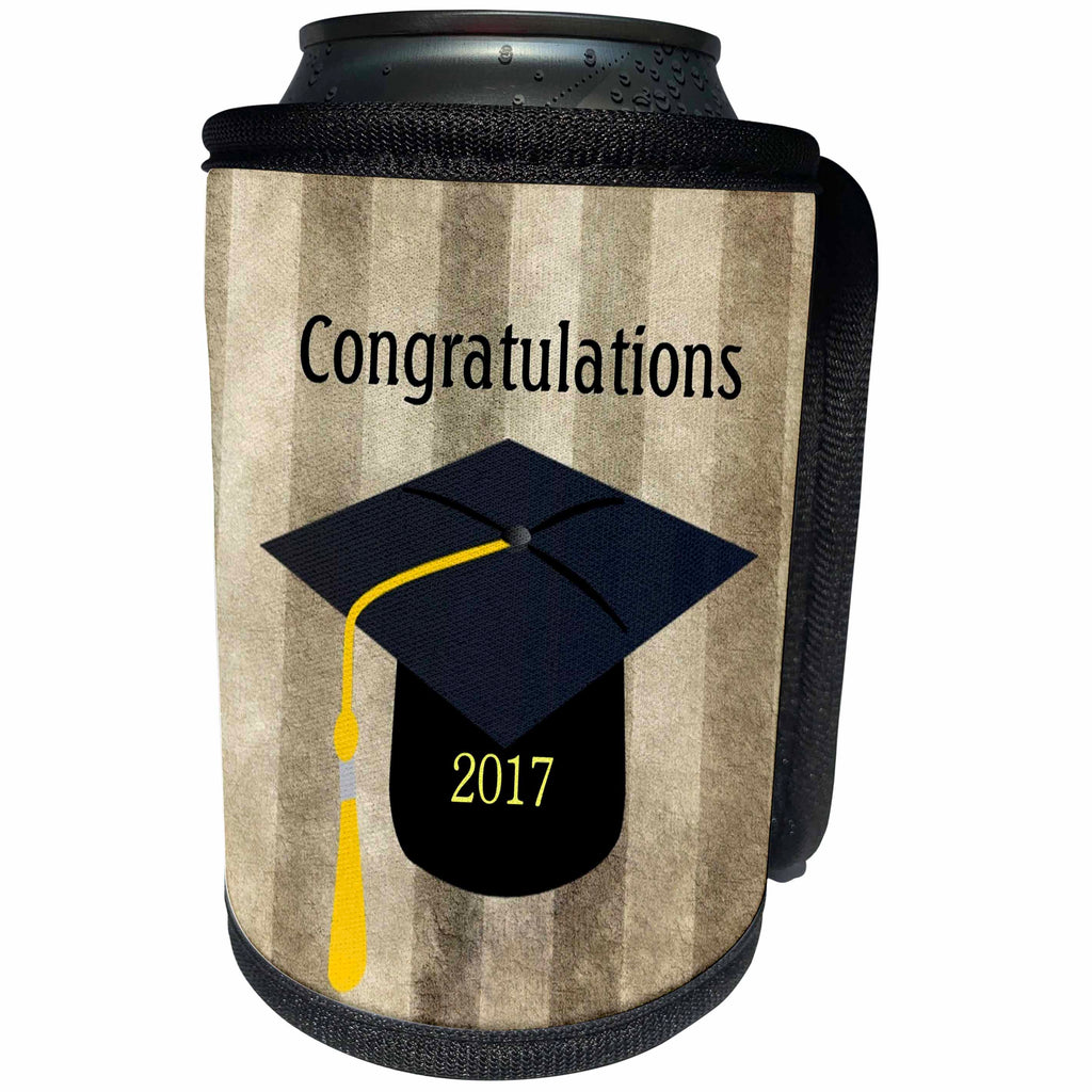 3dRose Florene Graduation - Image of Congratulations 2017 Black Cap Yellow Tassel On Beige Stripes - Can Cooler Bottle Wrap (cc_252057)