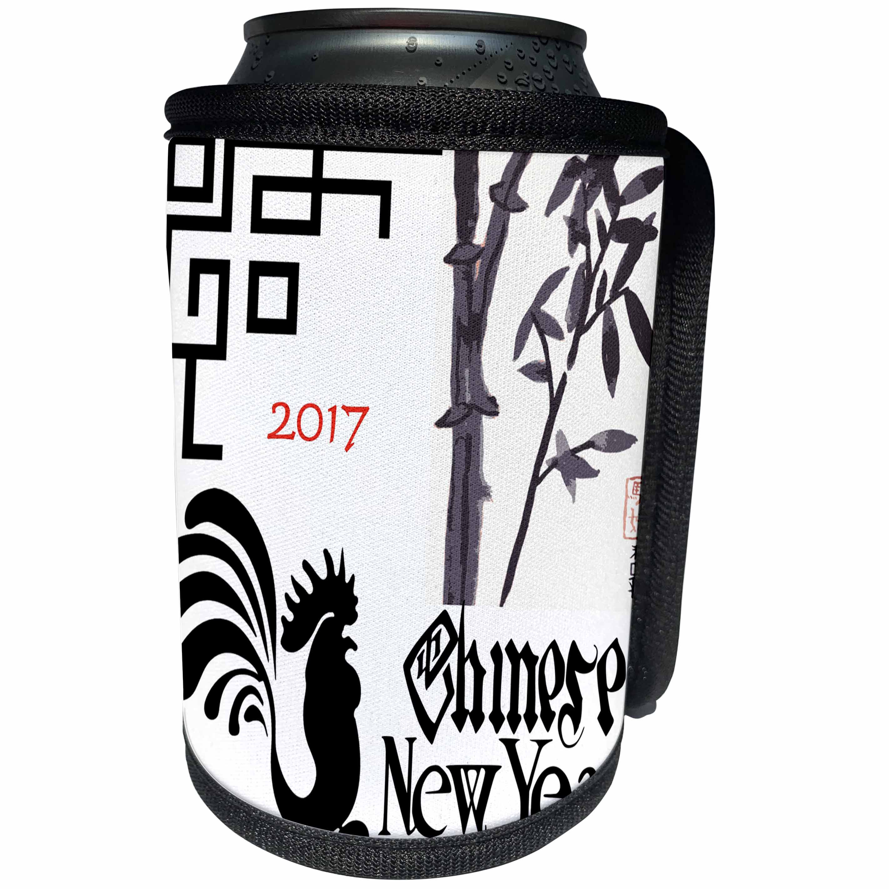 3dRose Florene Chinese New Year Designs - Image of 2017 Chinese New Year In Black And White Rooster Bamboo - Can Cooler Bottle Wrap (cc_252059)