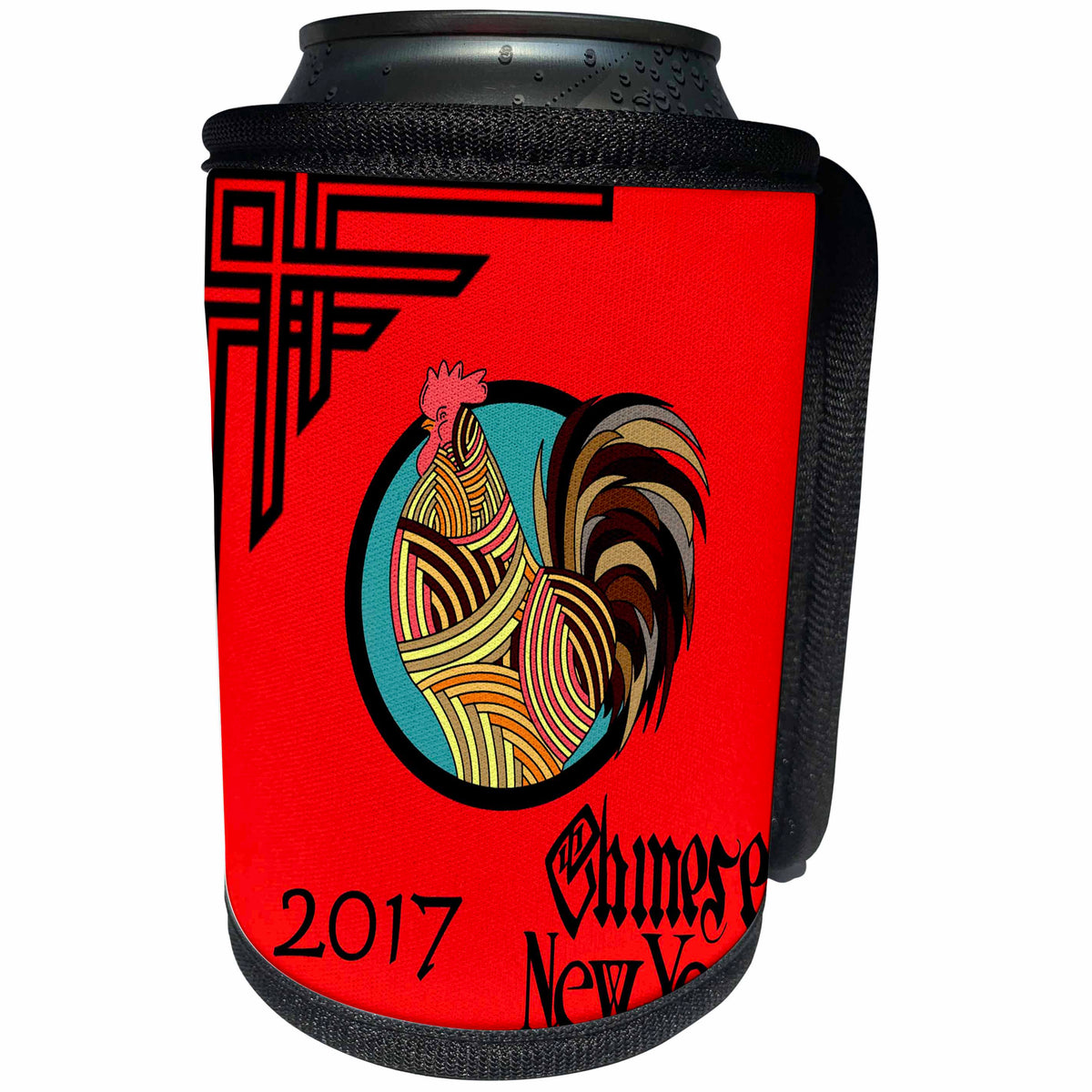 3dRose Florene Chinese New Year Designs - Image of 2017 Chinese New Year - Black and Red With Rooster and Scroll - Can Cooler Bottle Wrap (cc_252060)