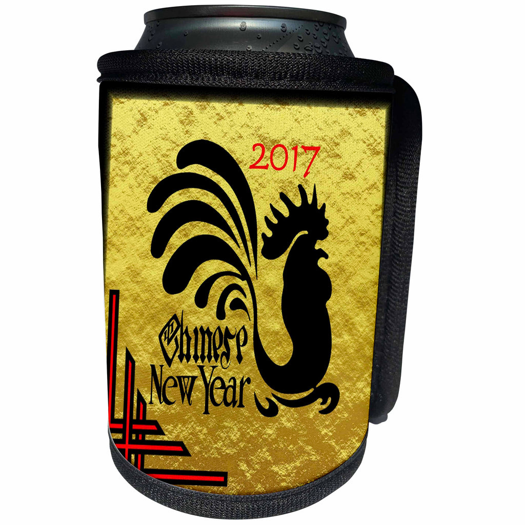 3dRose Florene Chinese New Year Designs - Image of 2017 Chinese New Year With Black Rooster On Faux Gold Foil - Can Cooler Bottle Wrap (cc_252061)