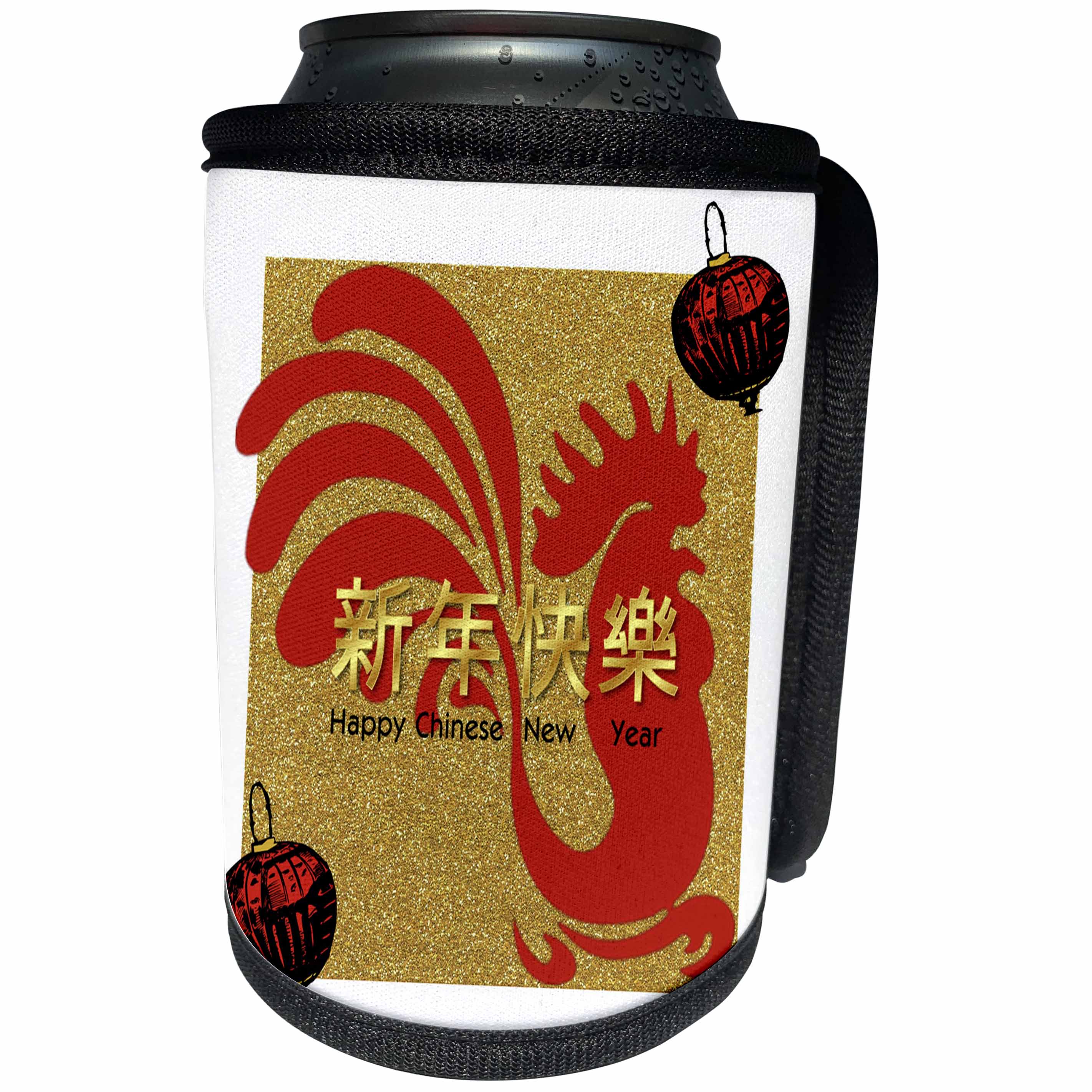 3dRose Florene Chinese New Year Designs - Image of 2017 Chinese New Year Red Rooster Lantern - Gold Faux Glitter - Can Cooler Bottle Wrap (cc_252062)