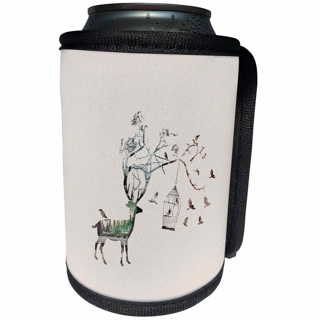 3dRose Sven Herkenrath Animal - Fantasy Deer with Birds Animal Trendy - Can Cooler Bottle Wrap (cc_252089)