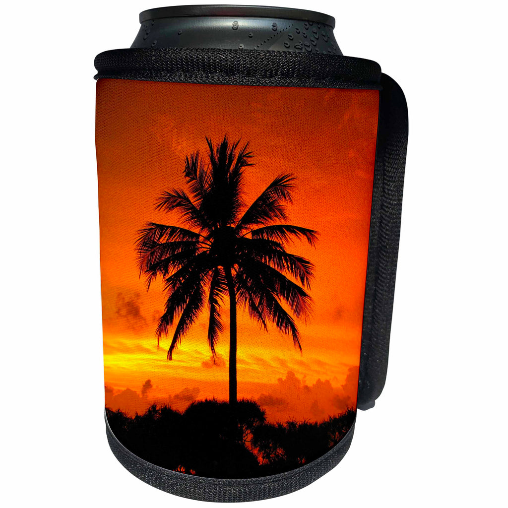 3dRose Sven Herkenrath Sunset - Orange Sunrise with Palm Tree - Can Cooler Bottle Wrap (cc_252099)