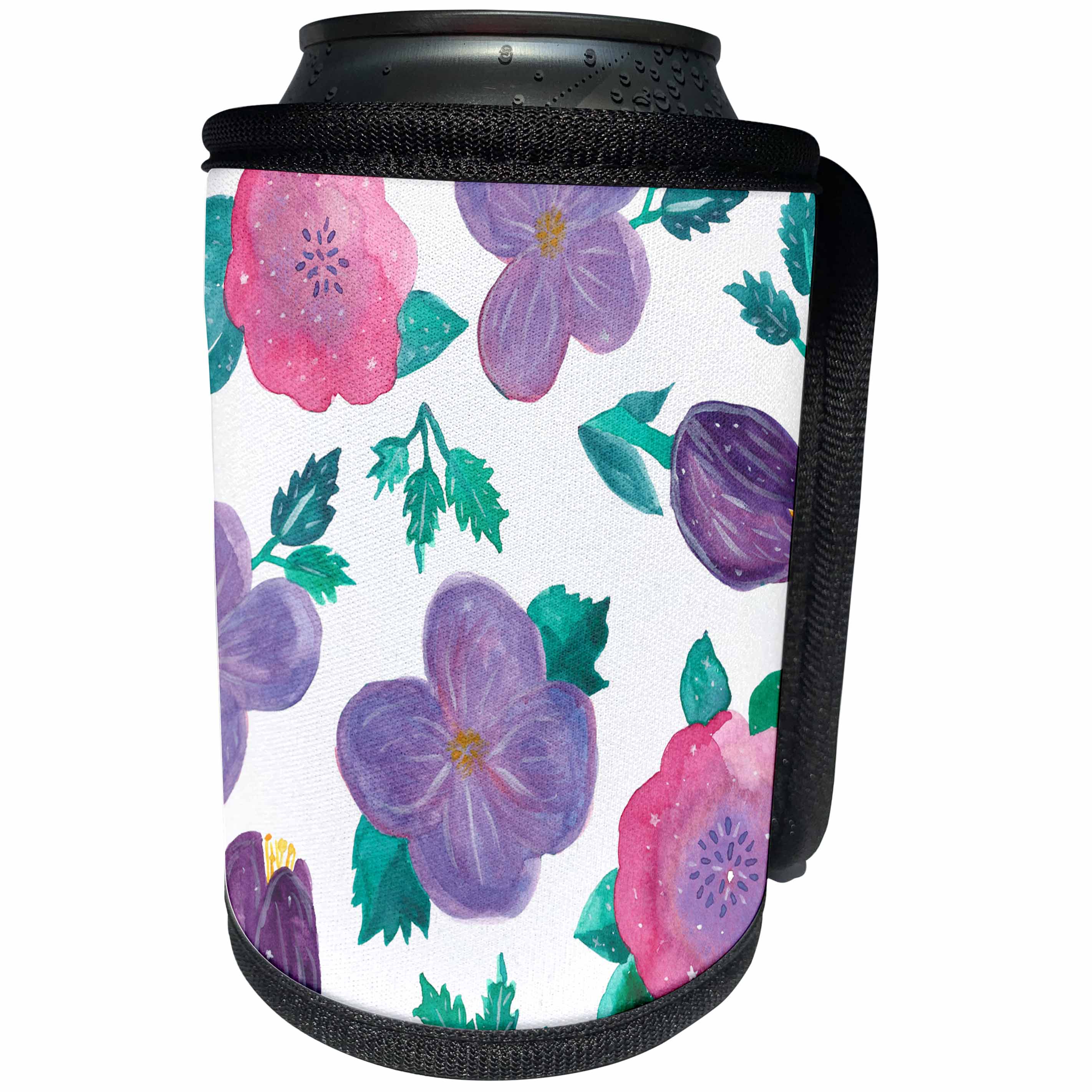 3dRose Janna Salak Designs Boho - Watercolor Floral Pink and Purple - Can Cooler Bottle Wrap (cc_252129)