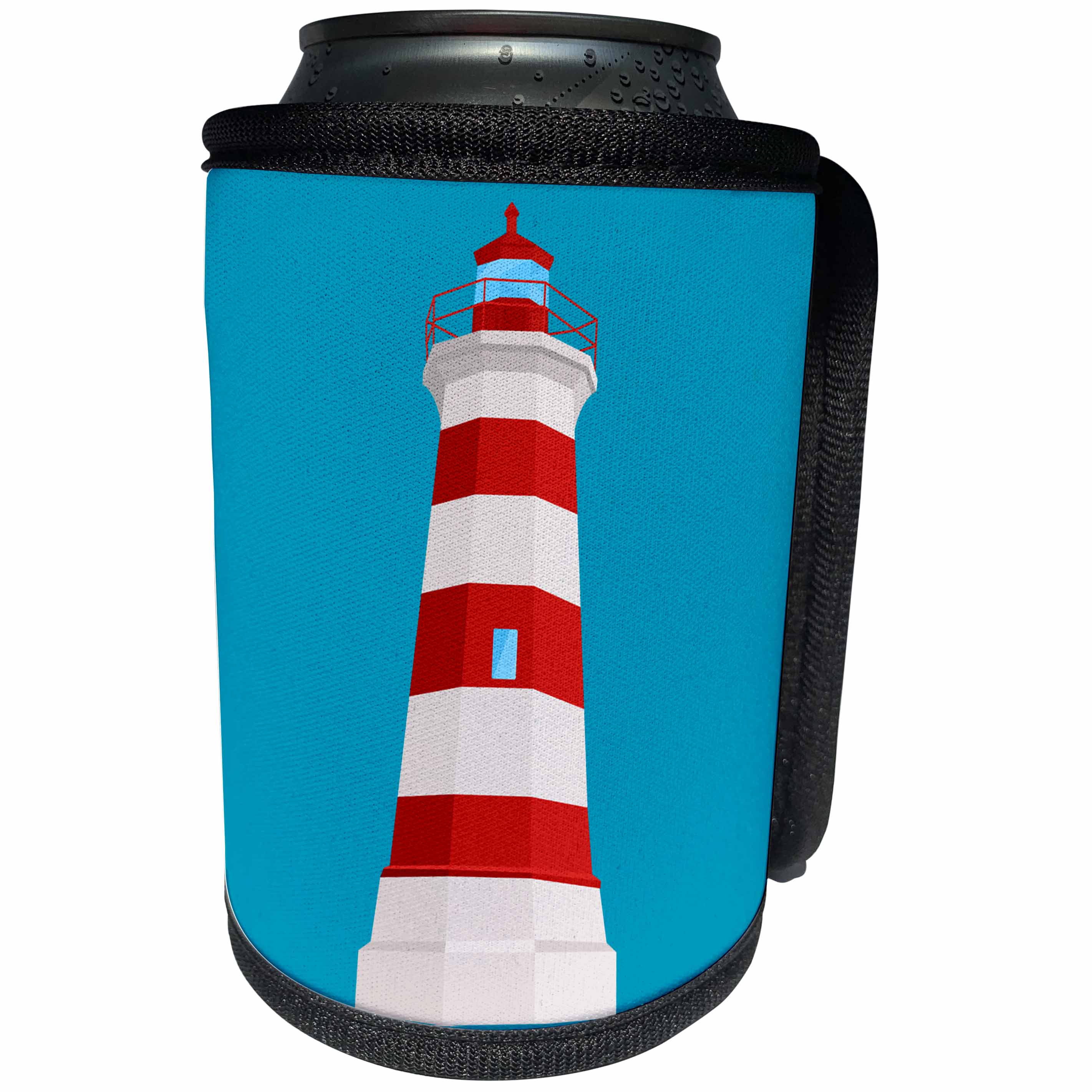 3dRose Janna Salak Designs Beach - Red and White Lighthouse Art - Can Cooler Bottle Wrap (cc_252136)