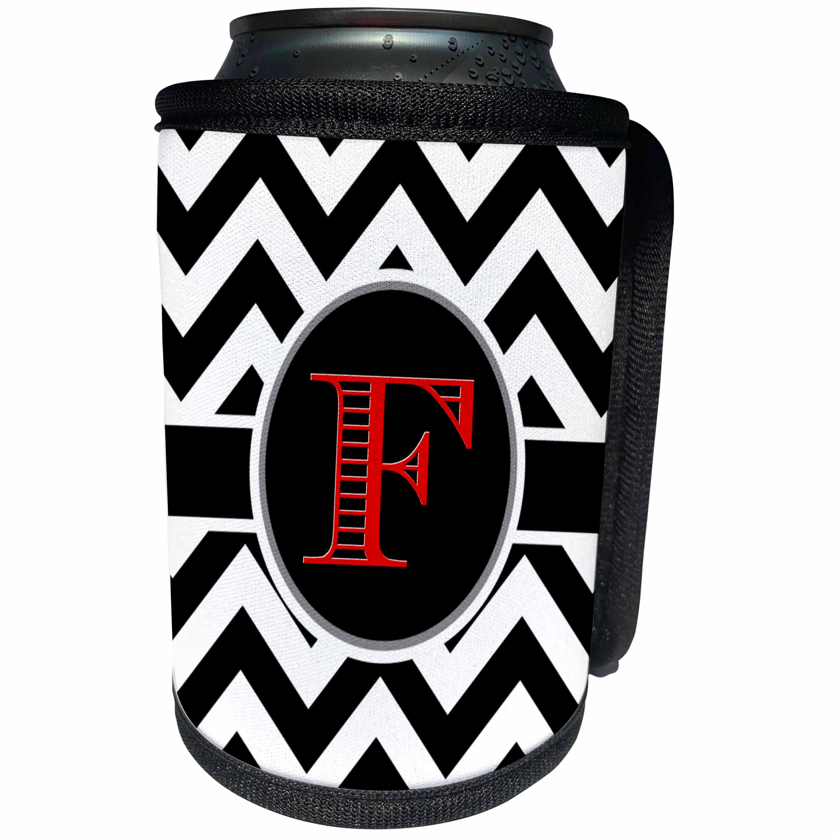 3dRose BrooklynMeme Designs - Black and white chevron monogram red initial F - Can Cooler Bottle Wrap (cc_252165)