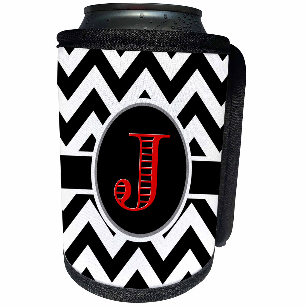 3dRose BrooklynMeme Designs - Black and white chevron monogram red initial J - Can Cooler Bottle Wrap (cc_252169)