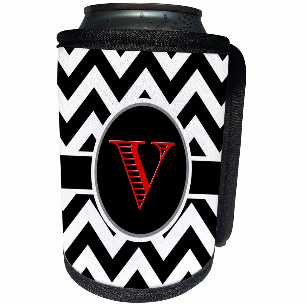 3dRose BrooklynMeme Designs - Black and white chevron monogram red initial V - Can Cooler Bottle Wrap (cc_252180)