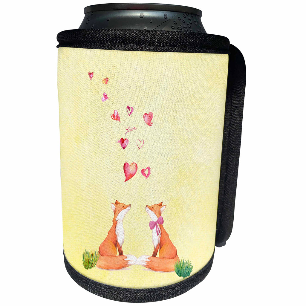 3dRose Uta Naumann Watercolor Illustration Animal - fox foxes animal animals love valentine illustration hearts cute - Can Cooler Bottle Wrap (cc_252325)