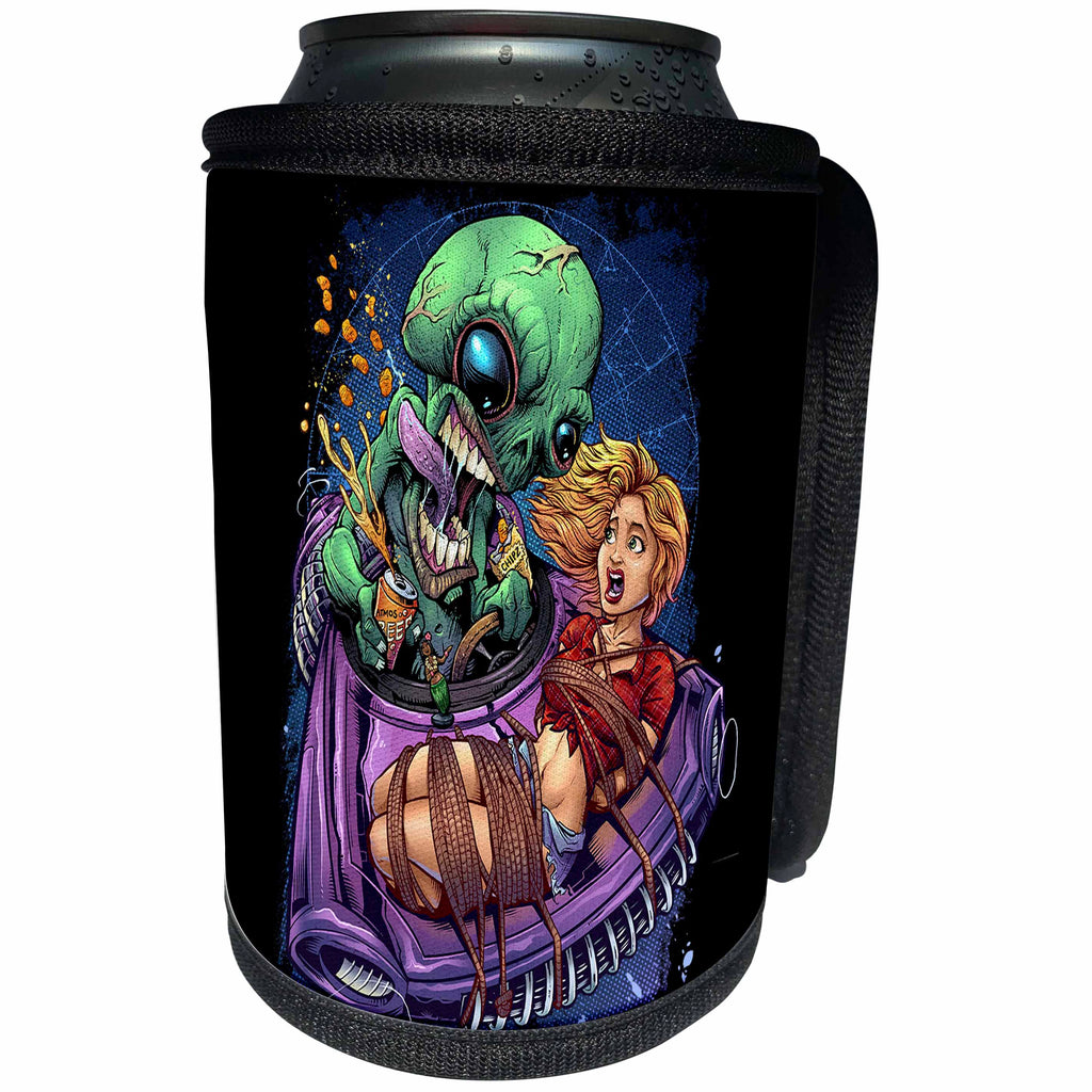 3dRose Light, humor, Funny, Cartoon, Illustration - Green alien flying though space in a car with a girl tied to it - Can Cooler Bottle Wrap (cc_252465)