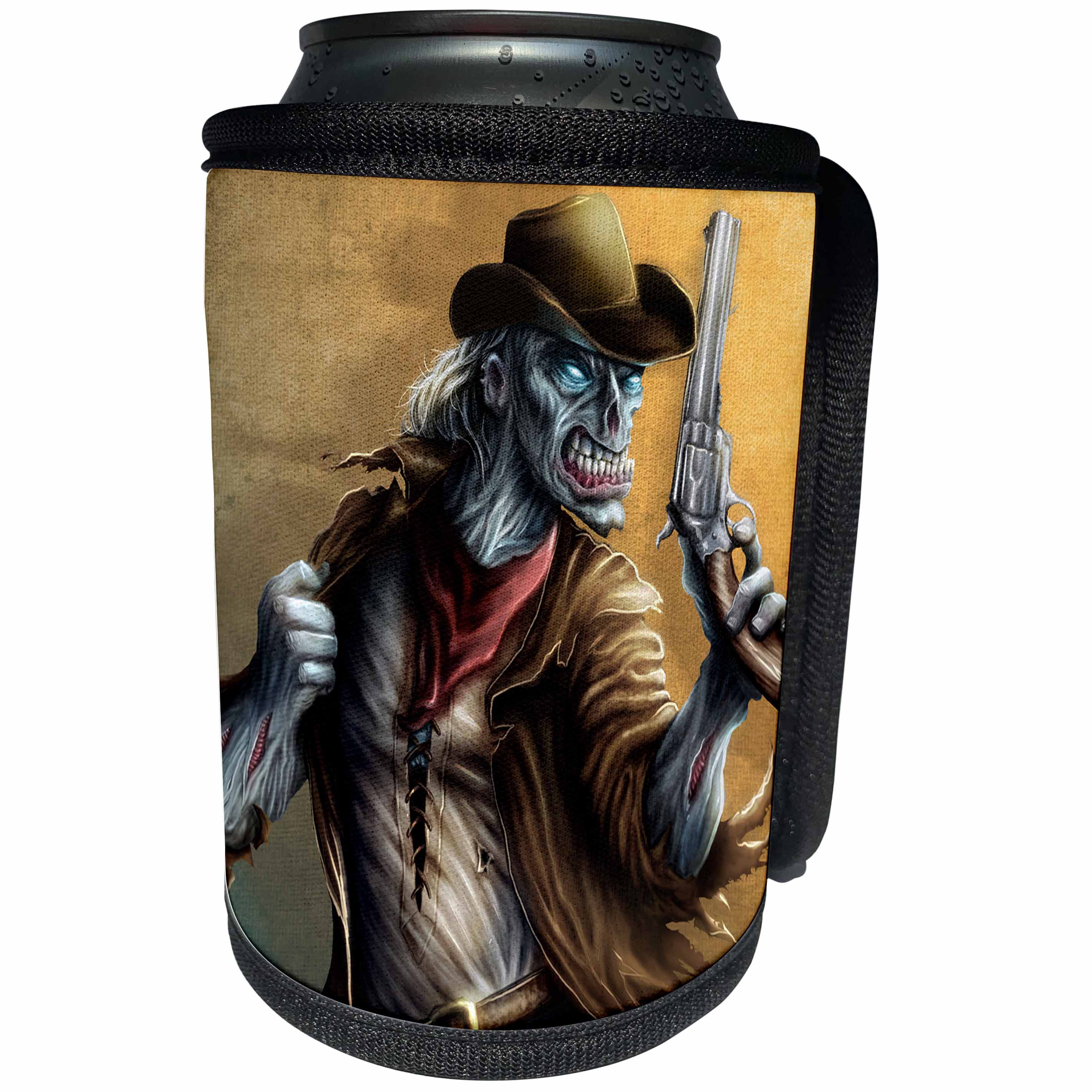 3dRose Dark, Zombie, illustration, Zombie Cowboy in old western clothing holding a gun - Can Cooler Bottle Wrap (cc_252466)