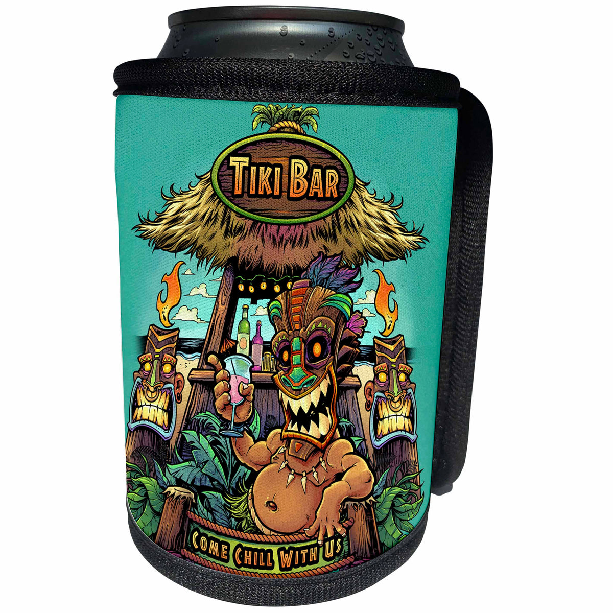3dRose Light, Tiki, funny, cartoon, tropical, Illustration - Tiki guy hanging out at a Tiki bar - Can Cooler Bottle Wrap (cc_252467)
