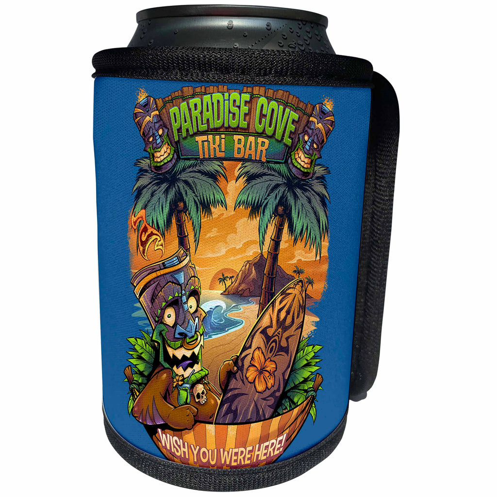 3dRose Light, Tiki, funny, cartoon, tropical, Illustration - Tiki guy hanging out at the beach with a surfboard - Can Cooler Bottle Wrap (cc_252468)