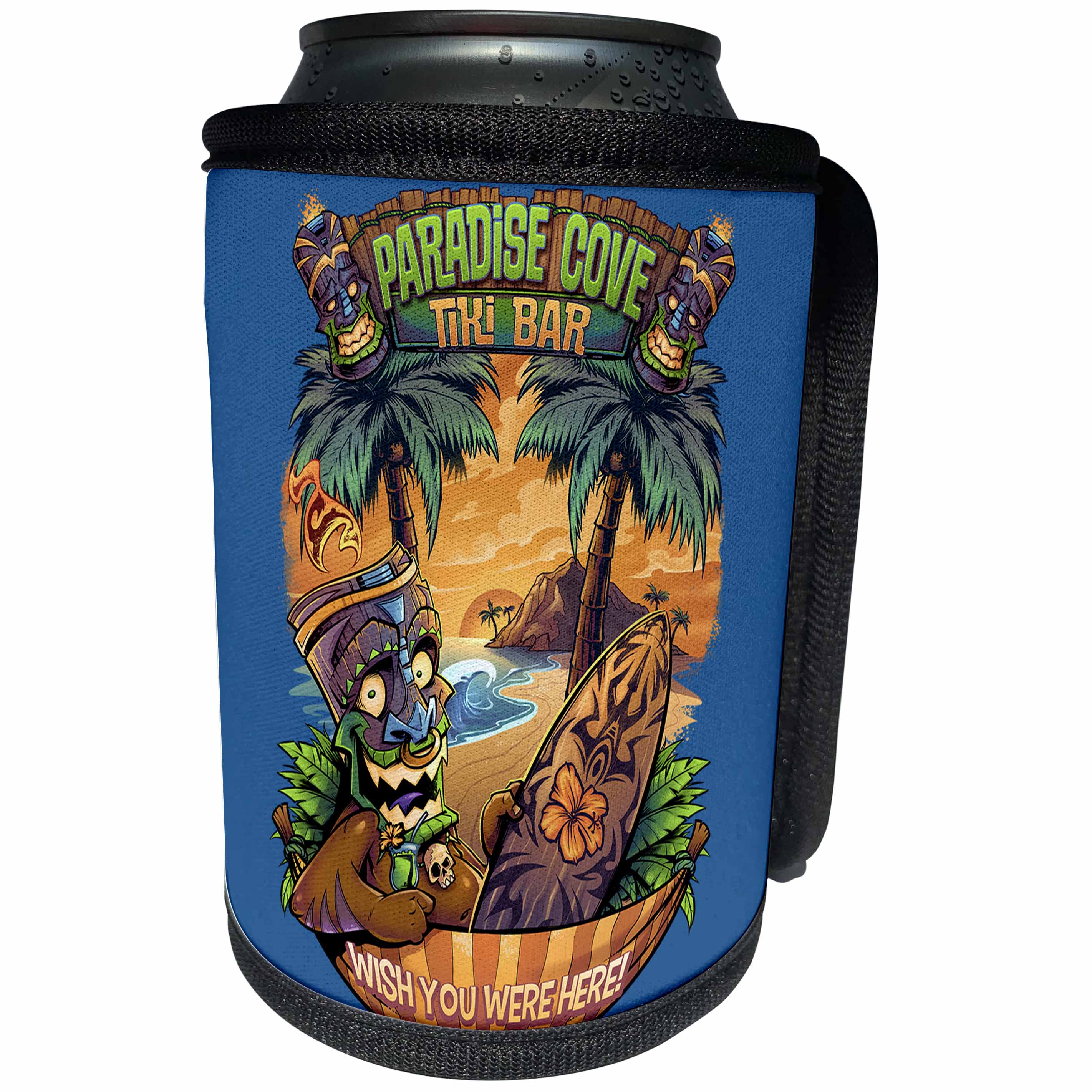 3dRose Light, Tiki, funny, cartoon, tropical, Illustration - Tiki guy hanging out at the beach with a surfboard - Can Cooler Bottle Wrap (cc_252468)