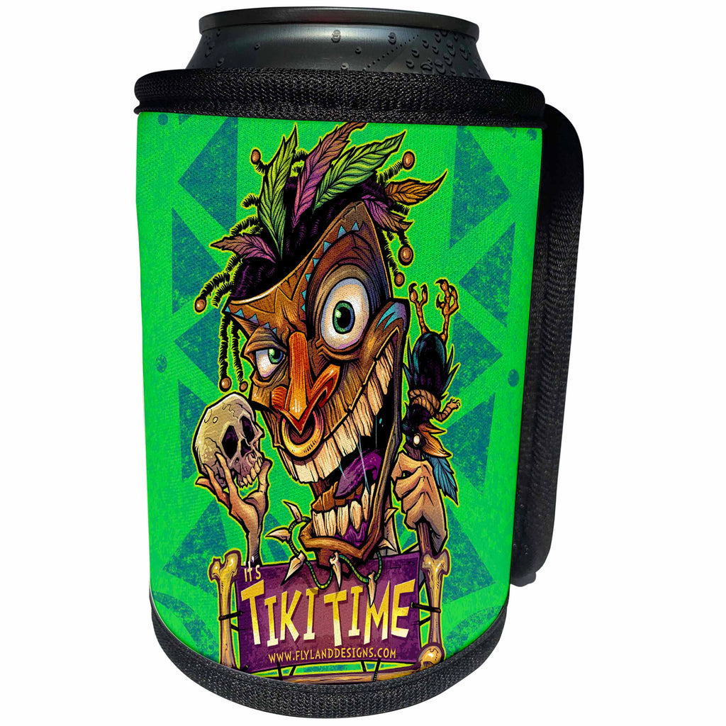 3dRose Light, Tiki, funny, cartoon, tropical, Illustration - Tiki voodoo guy with a skull and crow - Can Cooler Bottle Wrap (cc_252469)
