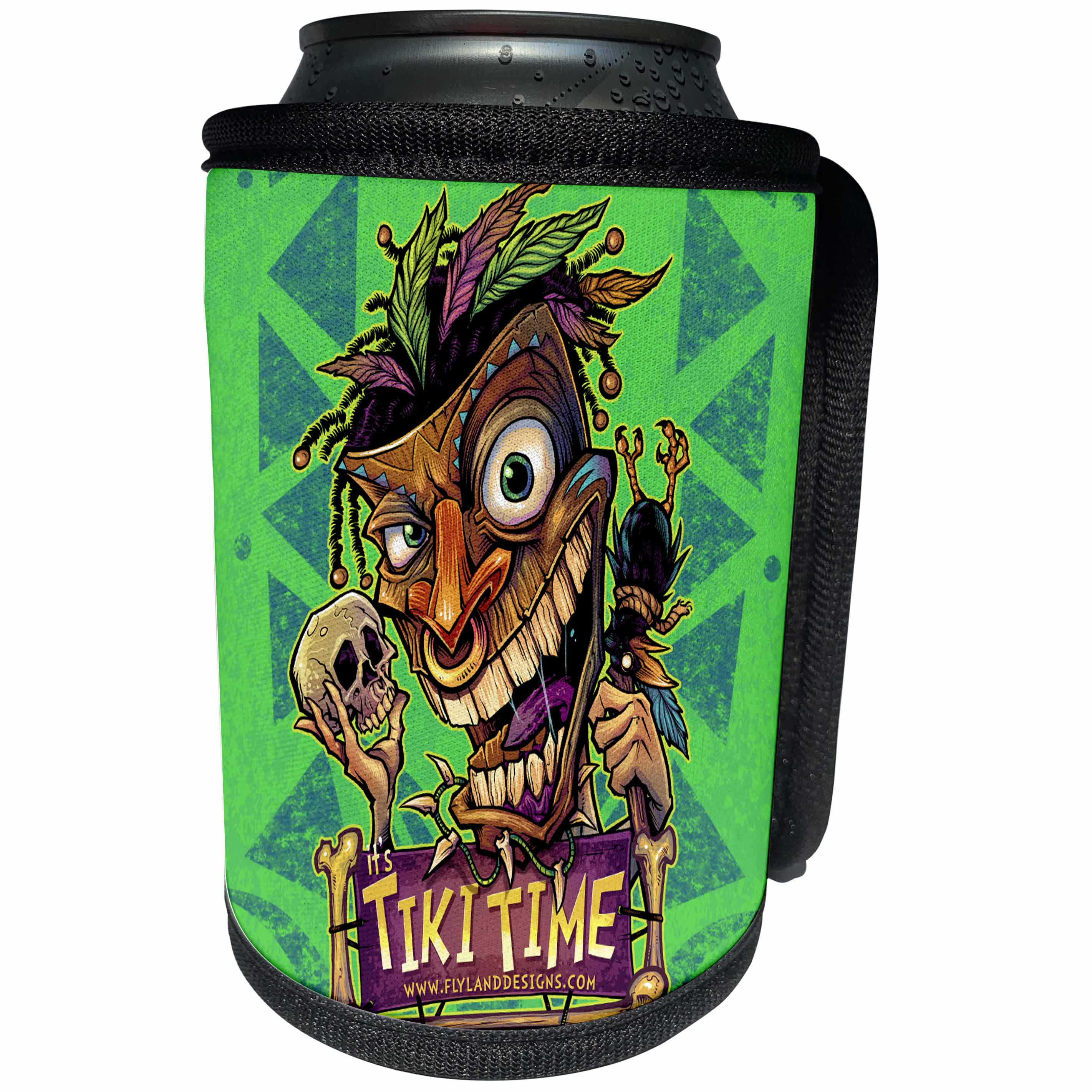 3dRose Light, Tiki, funny, cartoon, tropical, Illustration - Tiki voodoo guy with a skull and crow - Can Cooler Bottle Wrap (cc_252469)