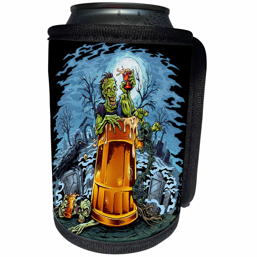 3dRose Dark, food and drink, funny, cartoon, illustration - Zombie sitting in a big beer glass in the middle of a cemetery at night - Can Cooler Bottle Wrap (cc_252473)