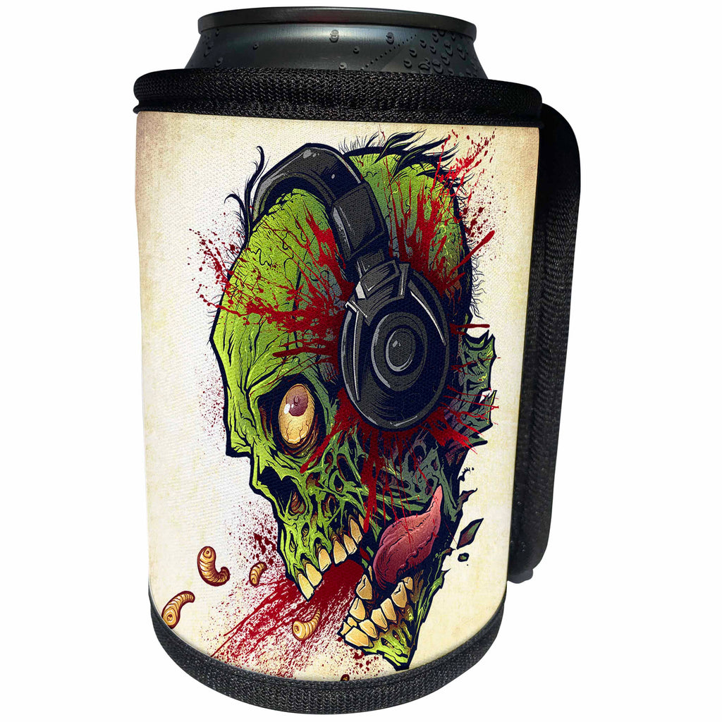 3dRose Dark, Zombie, Illustration, Cartoon - Zombie head with maggots listing to music on head phones - Can Cooler Bottle Wrap (cc_252475)
