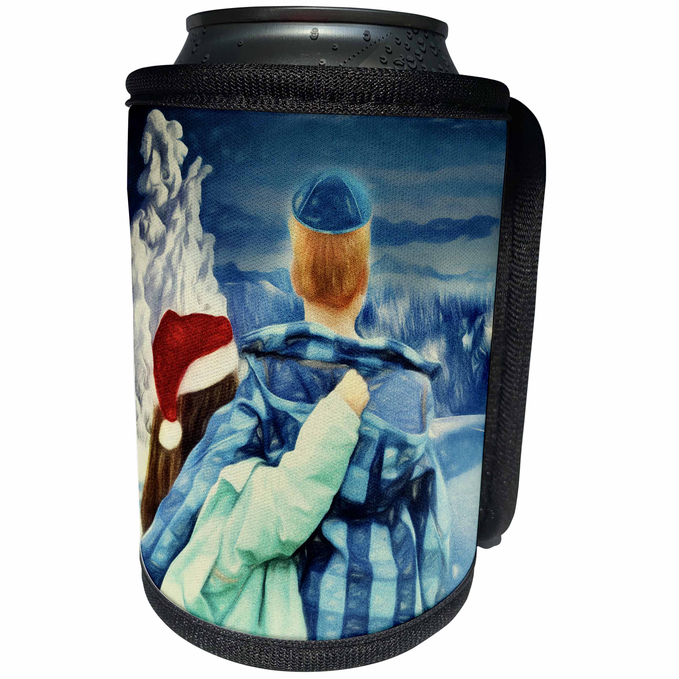 3dRose Doreen Erhardt Interfaith Collection - Boy in a Yamuka and Girl in a Santa Hat Winter Interfaith Painting - Can Cooler Bottle Wrap (cc_252476)