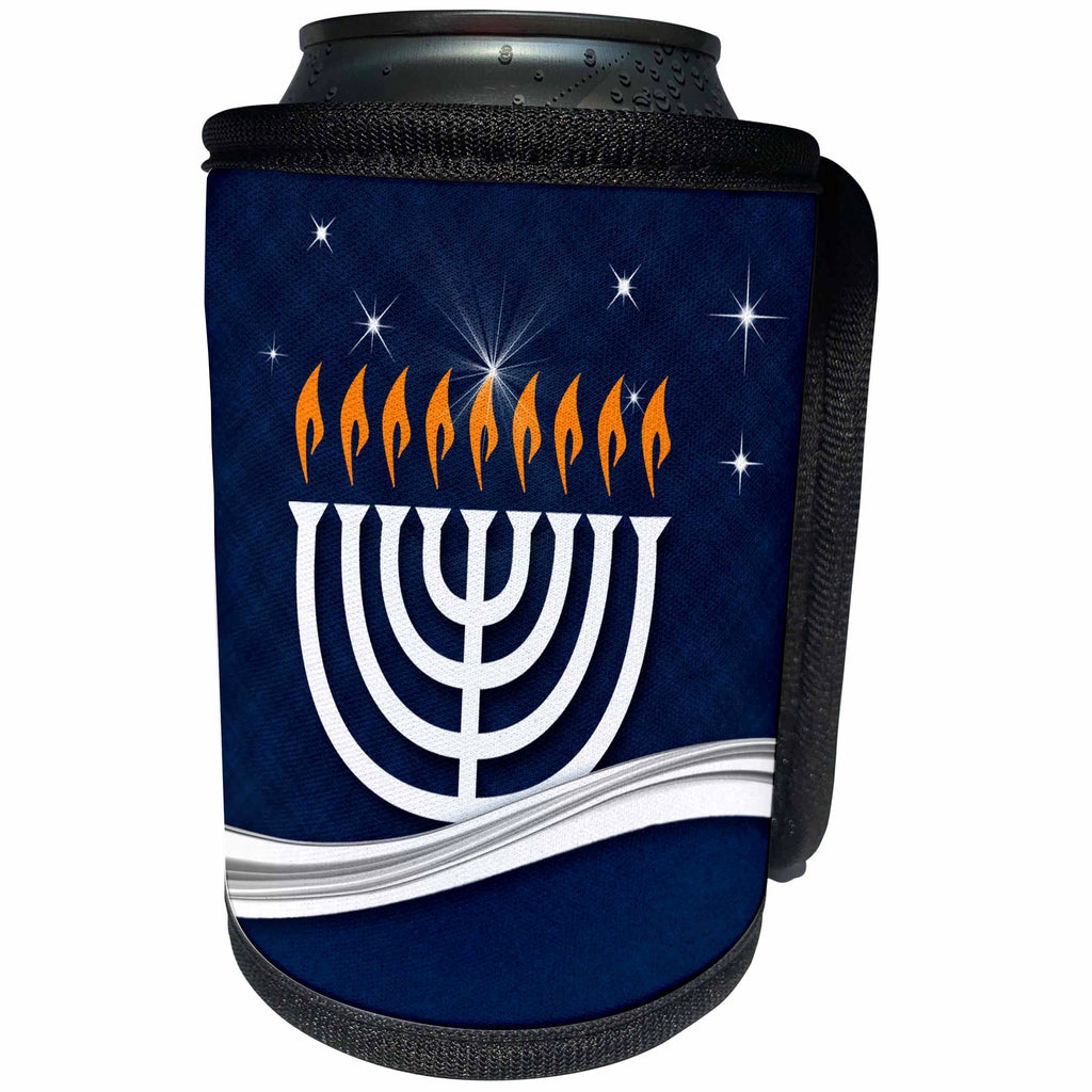 3dRose Doreen Erhardt Hanukkah Collection - Modern White Menorah and Swirl with Traditional Blue Hanukkah Hues - Can Cooler Bottle Wrap (cc_252477)