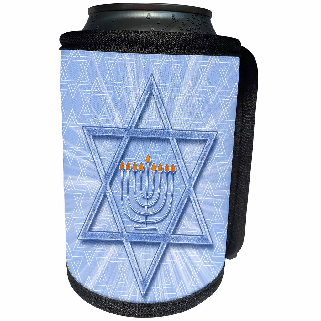 3dRose Doreen Erhardt Hanukkah Collection - Star of David Themed Hanukkah Menorah with Festival of Lights - Can Cooler Bottle Wrap (cc_252478)