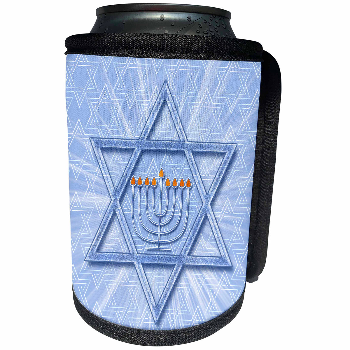 3dRose Doreen Erhardt Hanukkah Collection - Star of David Themed Hanukkah Menorah with Festival of Lights - Can Cooler Bottle Wrap (cc_252478)