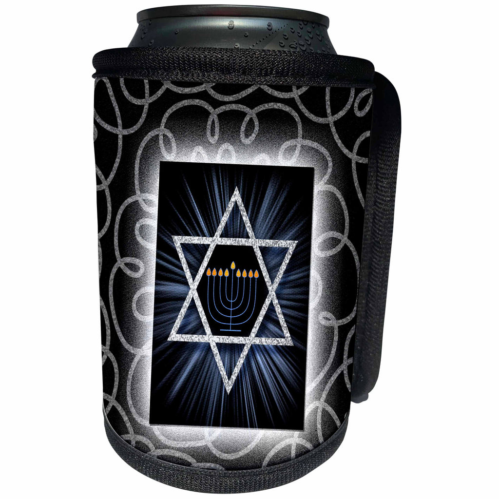 3dRose Doreen Erhardt Hanukkah Collection - Brightly Themed Star of David Hanukkah with Menorah in Blue - Can Cooler Bottle Wrap (cc_252481)