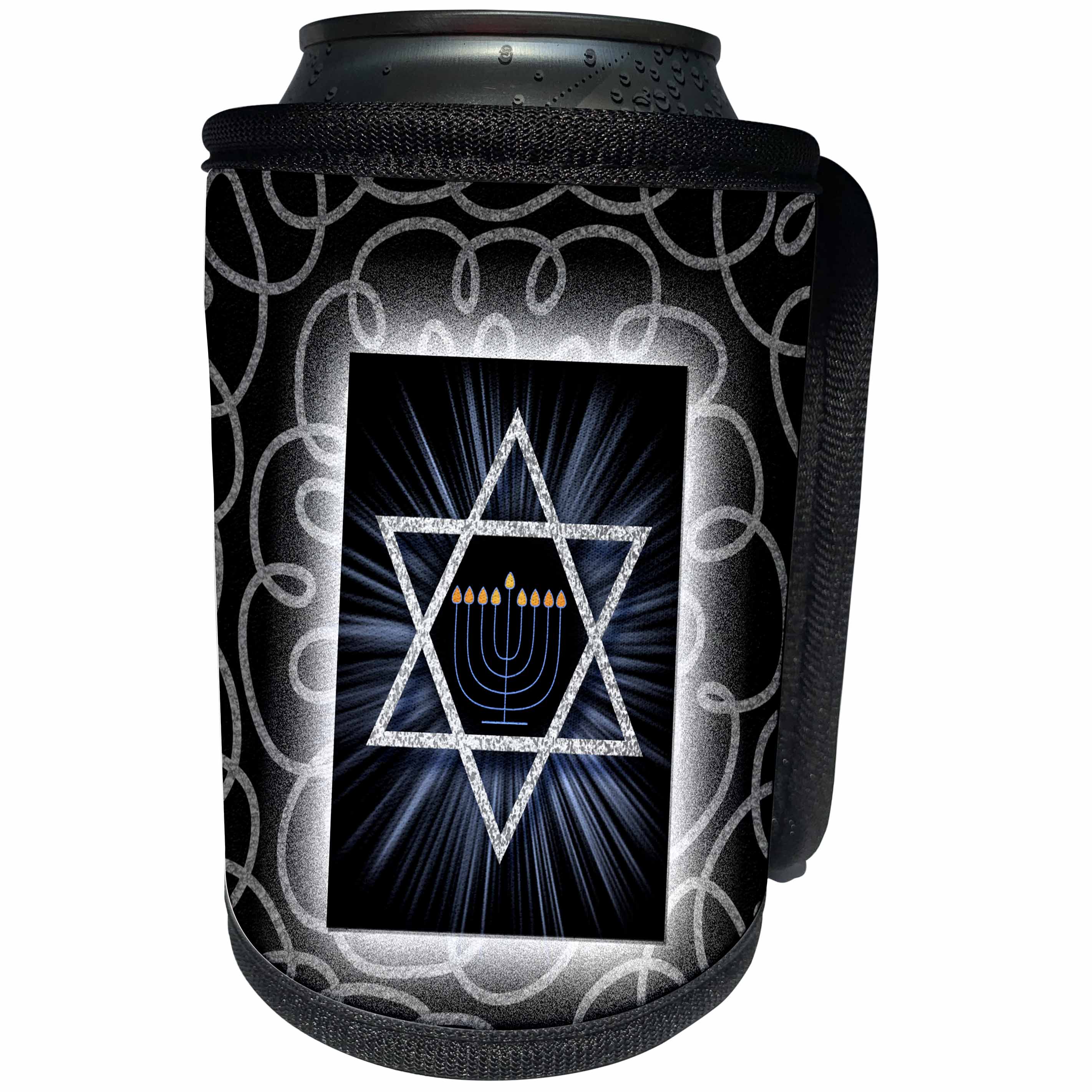 3dRose Doreen Erhardt Hanukkah Collection - Brightly Themed Star of David Hanukkah with Menorah in Blue - Can Cooler Bottle Wrap (cc_252481)