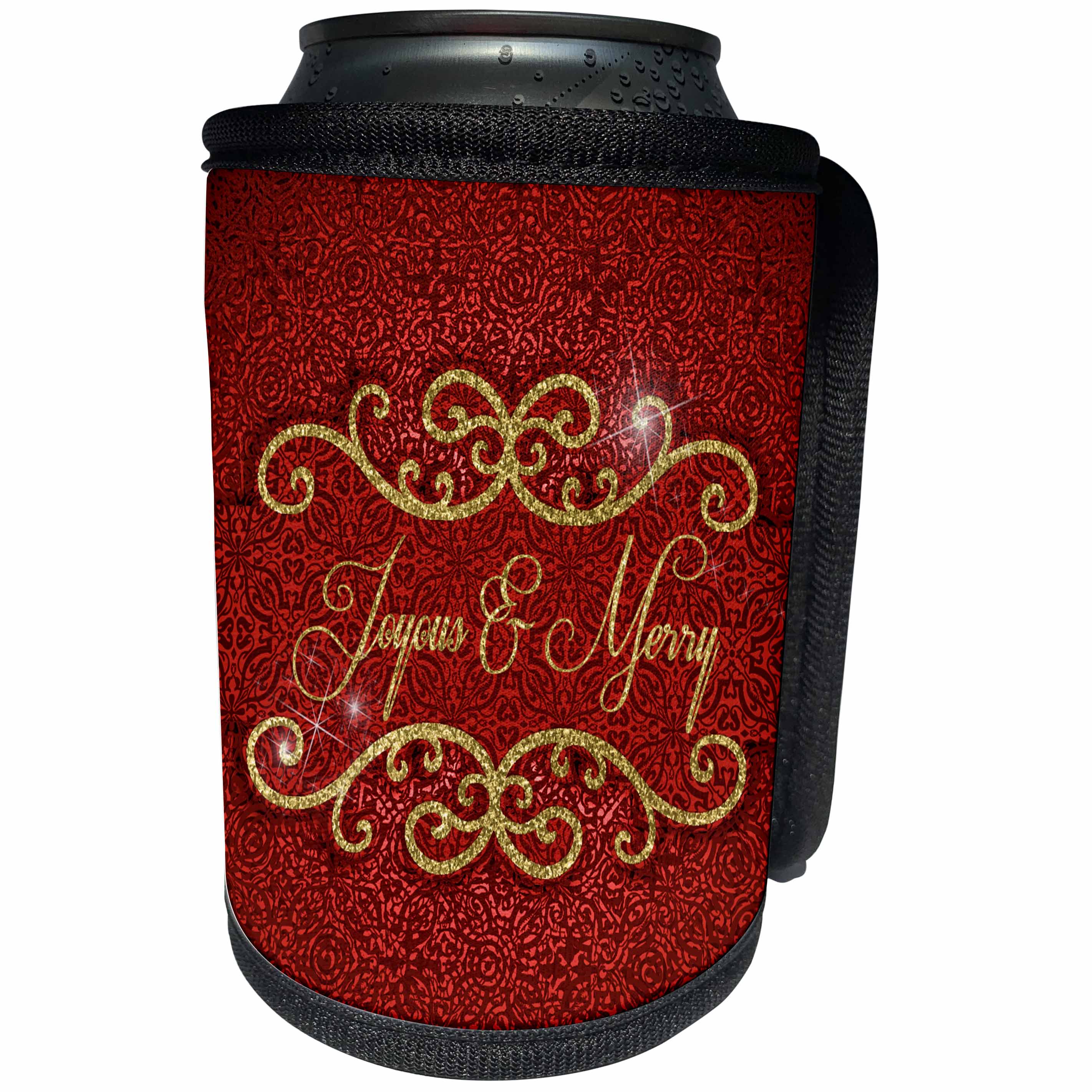 3dRose Doreen Erhardt Christmas Collection - Festive Red Damask and Faux Gold Glitter Joyous and Merry Christmas - Can Cooler Bottle Wrap (cc_252482)