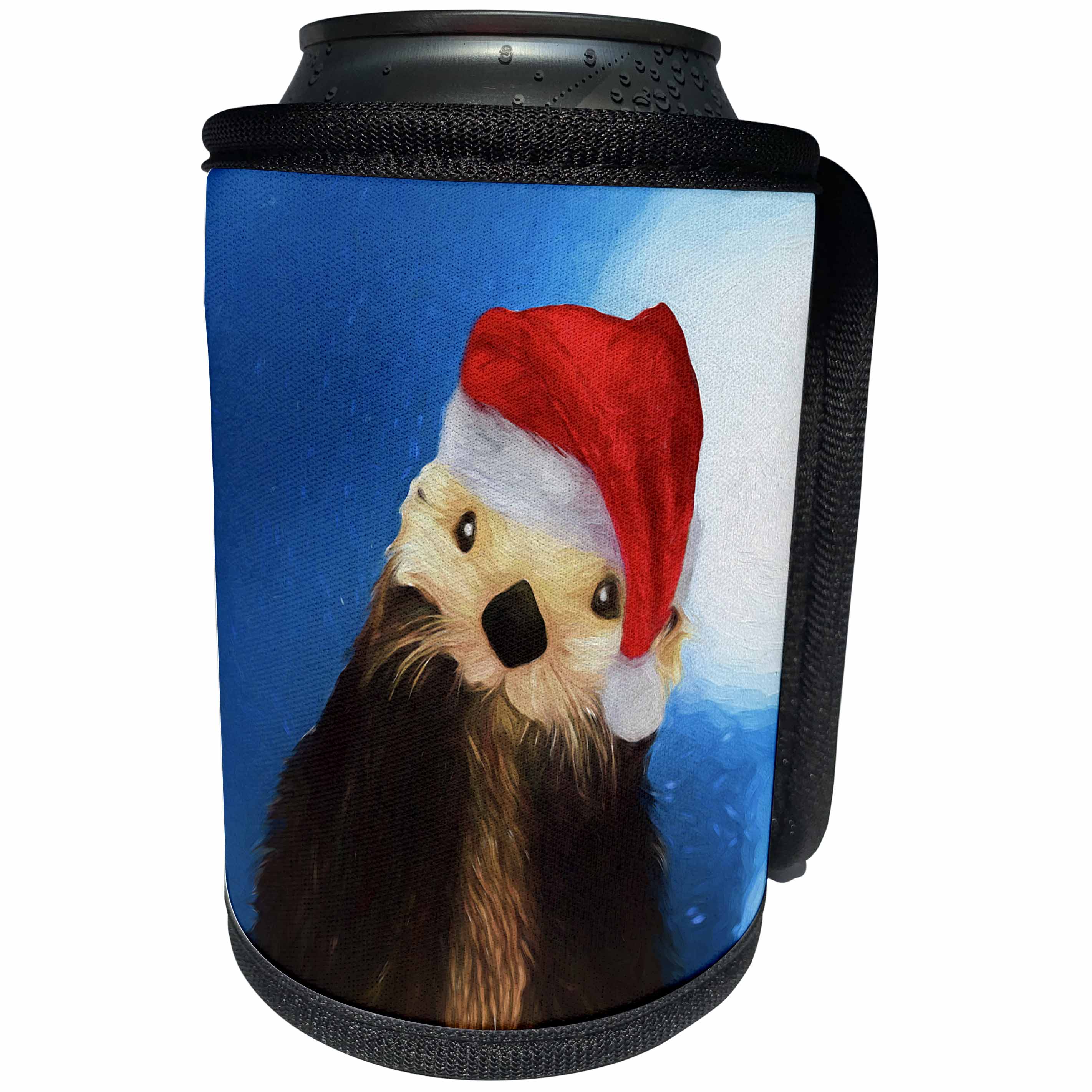 3dRose Doreen Erhardt Christmas Collection - Irresistible River Otter in a Santa Hat Christmas Painting - Can Cooler Bottle Wrap (cc_252484)