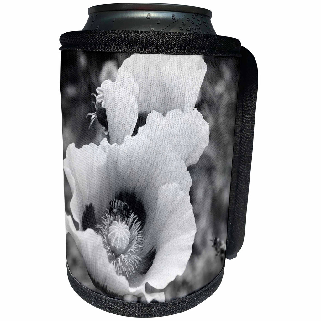 3dRose WhiteOaks Photography and Artwork - Poppy Flowers - Late for Meeting is a black and white photo of a bee and poppy flower - Can Cooler Bottle Wrap (cc_252495)