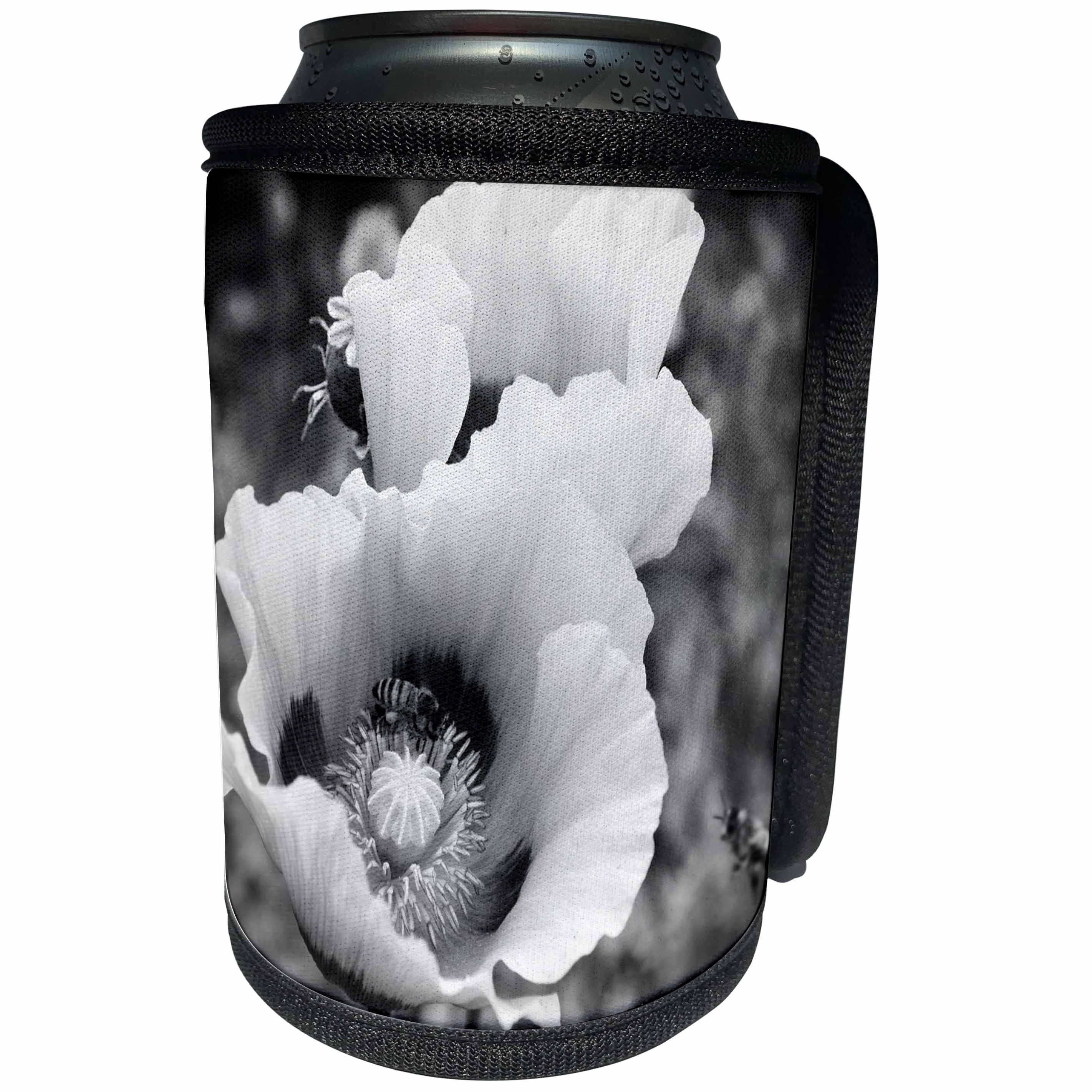 3dRose WhiteOaks Photography and Artwork - Poppy Flowers - Late for Meeting is a black and white photo of a bee and poppy flower - Can Cooler Bottle Wrap (cc_252495)