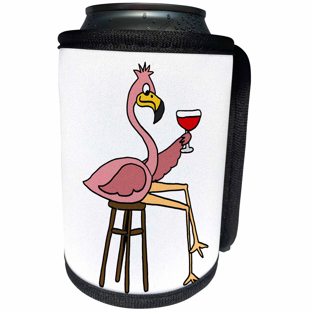 3dRose All Smiles Art Birds - Funny Pink Flamingo on Bar Stool Drinking Red Wine - Can Cooler Bottle Wrap (cc_252597)