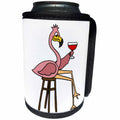 3dRose All Smiles Art Birds - Funny Pink Flamingo on Bar Stool Drinking Red Wine - Can Cooler Bottle Wrap (cc_252597)