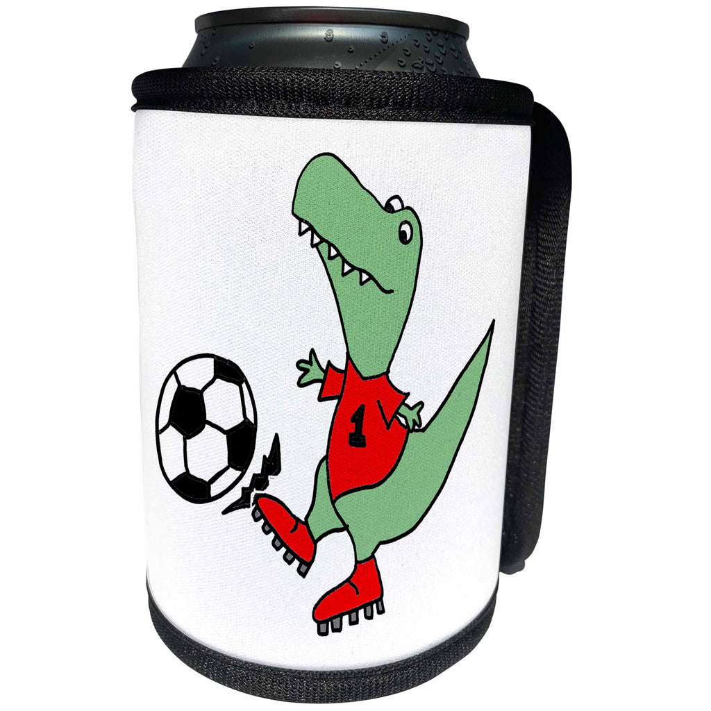 3dRose All Smiles Art Sports and Hobbies - Funny Cute T-rex Dinosaur Playing Soccer - Can Cooler Bottle Wrap (cc_252601)