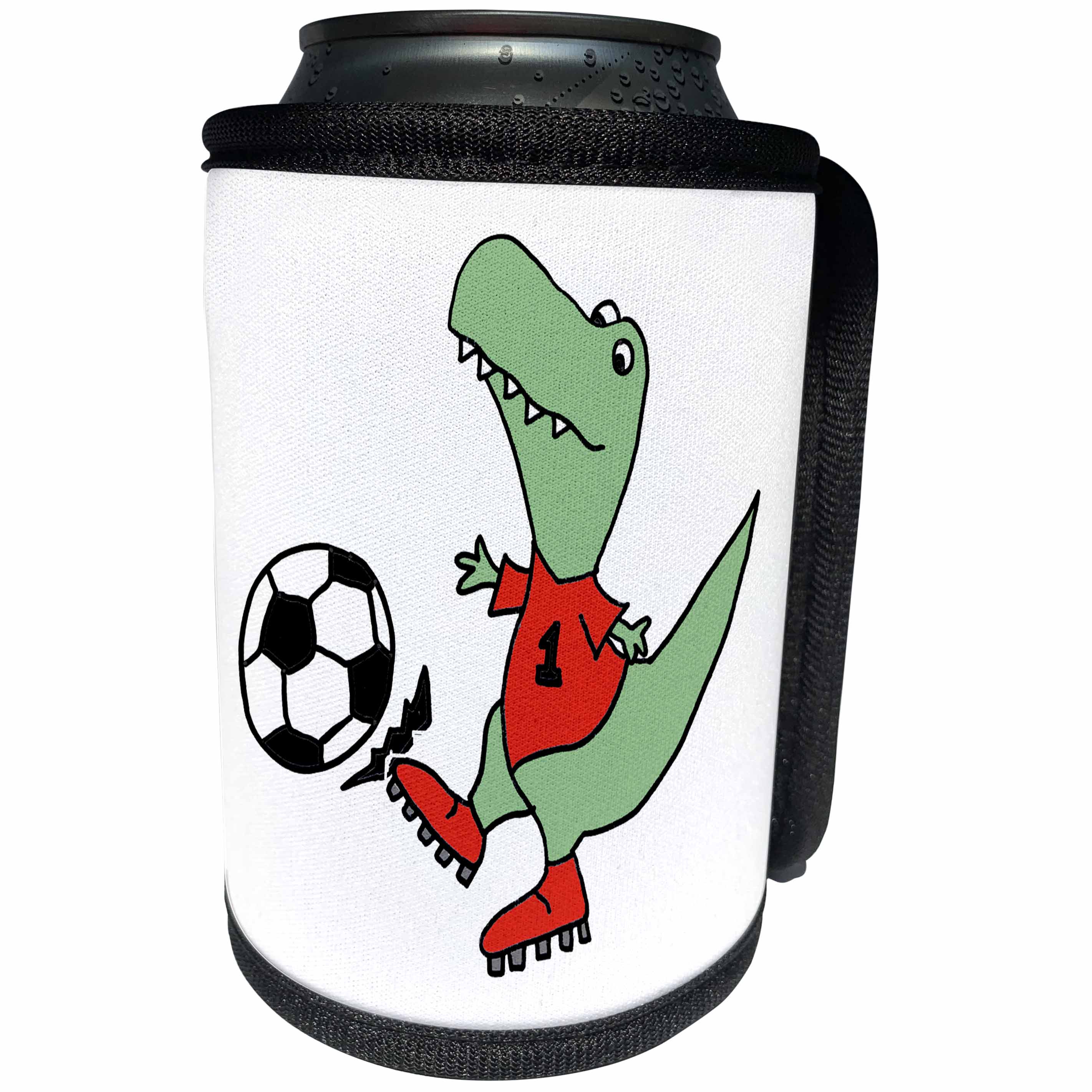 3dRose All Smiles Art Sports and Hobbies - Funny Cute T-rex Dinosaur Playing Soccer - Can Cooler Bottle Wrap (cc_252601)