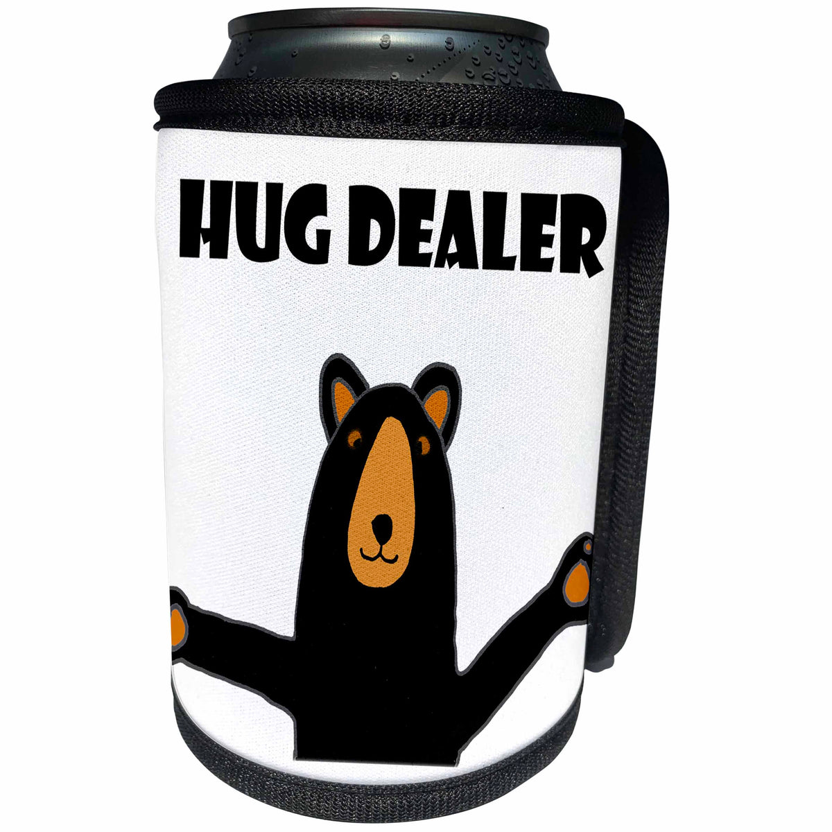 3dRose All Smiles Art Funny - Funny Black Bear giving Hug says Hug Dealer - Can Cooler Bottle Wrap (cc_252606)