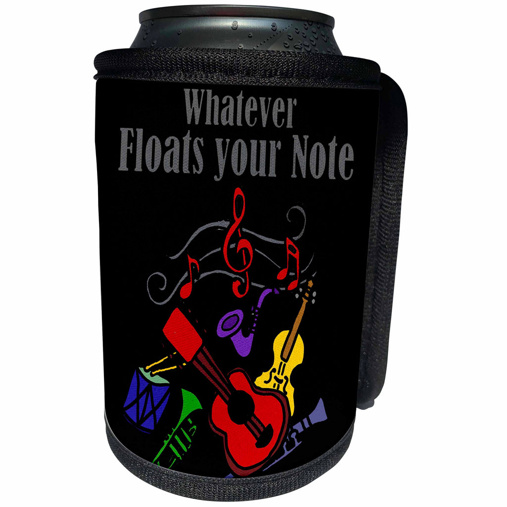 3dRose All Smiles Art Music - Fun Musical instruments art says Whatever floats your note - Can Cooler Bottle Wrap (cc_252611)