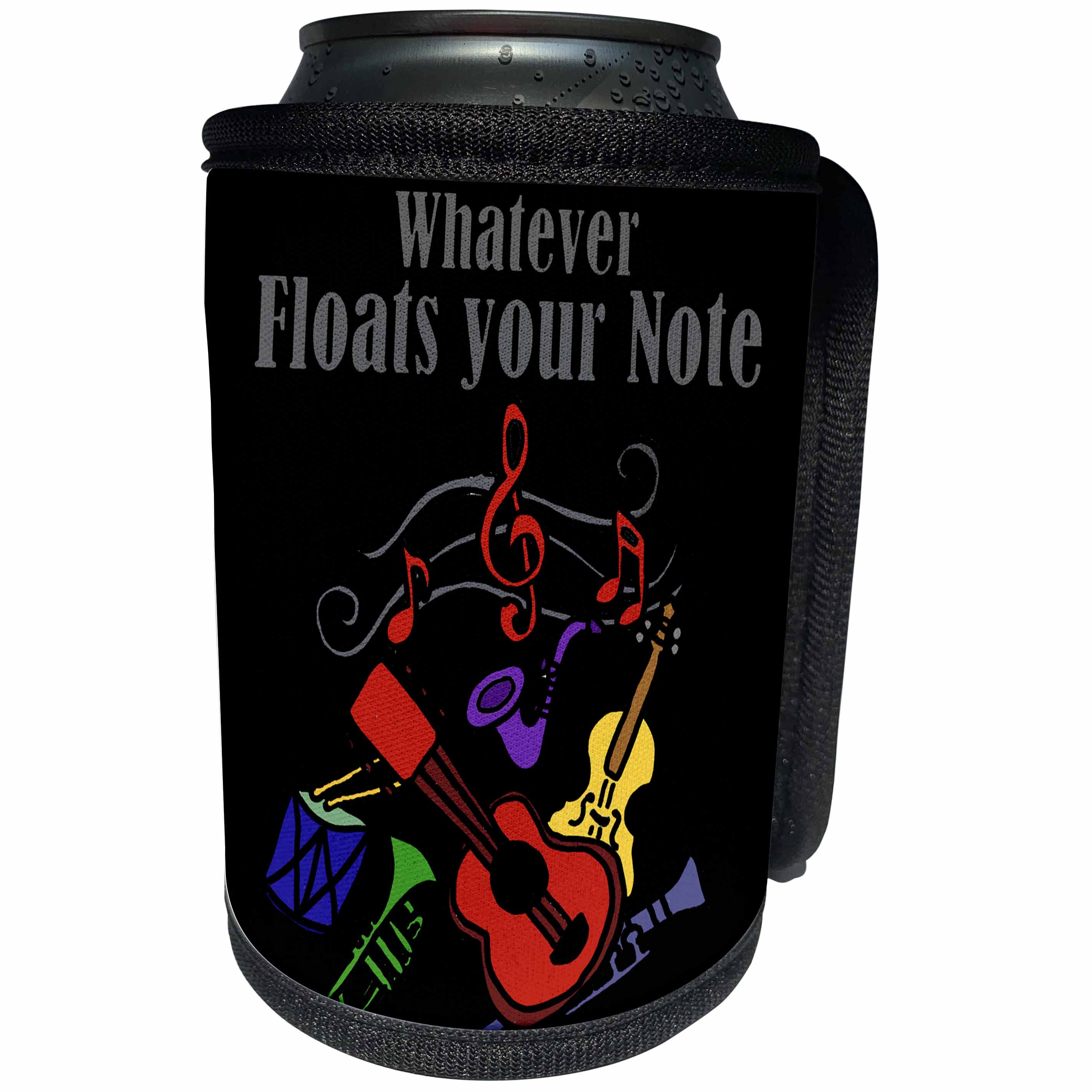 3dRose All Smiles Art Music - Fun Musical instruments art says Whatever floats your note - Can Cooler Bottle Wrap (cc_252611)