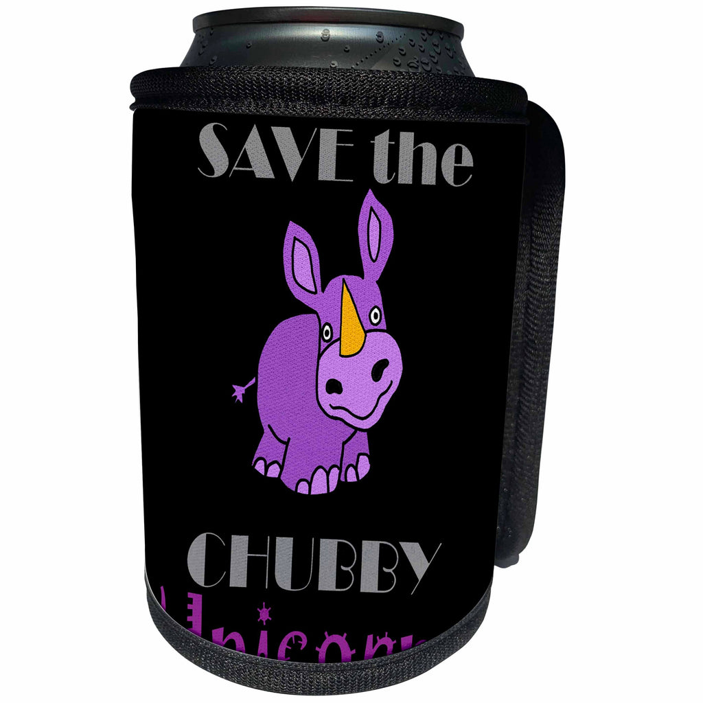 3dRose All Smiles Art Funny - Save the Chubby Unicorns Funny Purple Baby Rhino - Can Cooler Bottle Wrap (cc_252612)