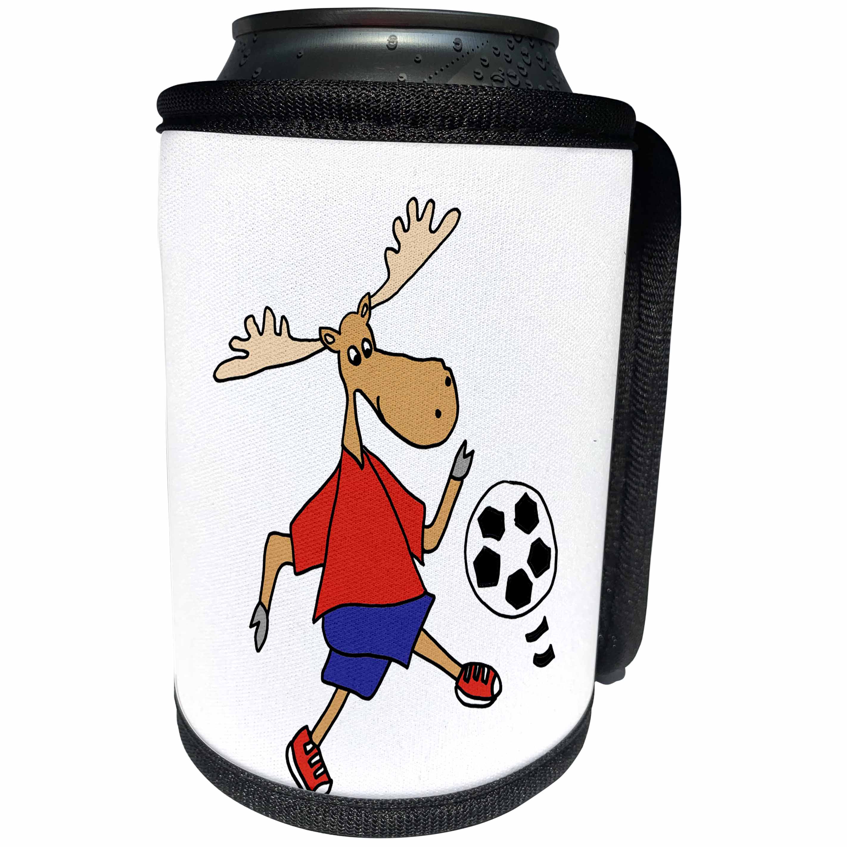 3dRose All Smiles Art Sports and Hobbies - Funny Moose Playing Soccer or Football - Can Cooler Bottle Wrap (cc_252616)
