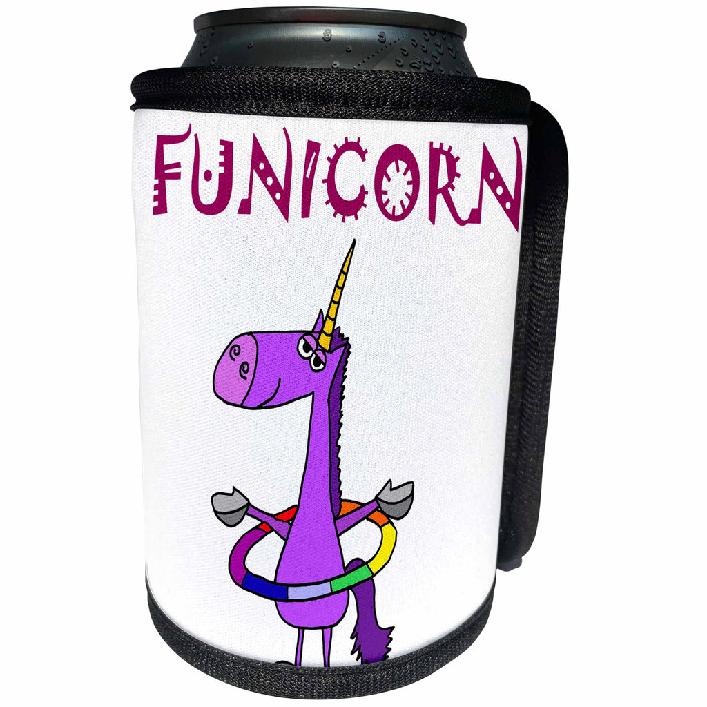 3dRose All Smiles Art Dragons and Unicorns - Funny Purple Unicorn Playing Hula Hoop is a Funicorn - Can Cooler Bottle Wrap (cc_252617)